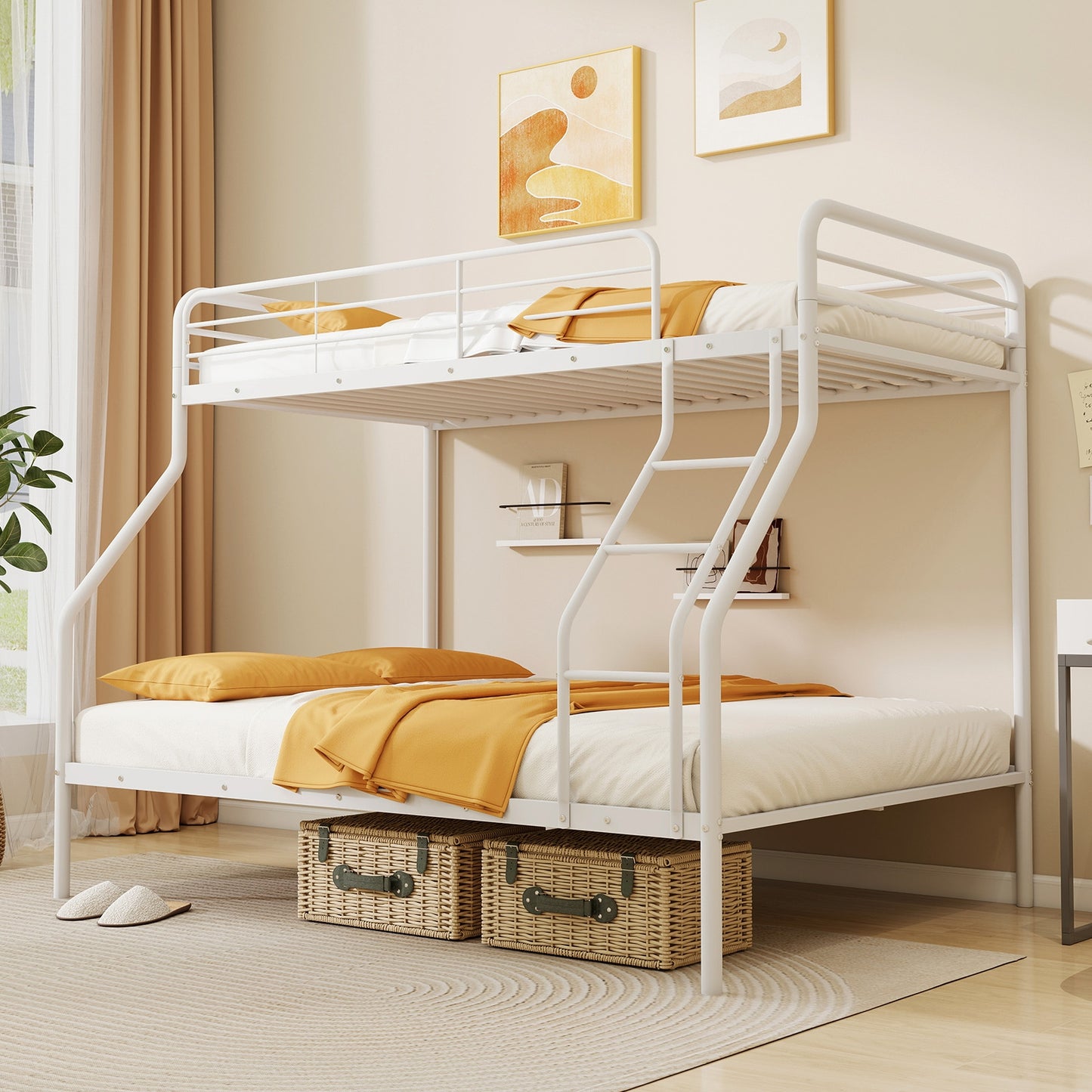 Sturdy Twin Over Full Metal Bunk Bed with Ladder, Safety Guardrails, and Under Bed Storage - White