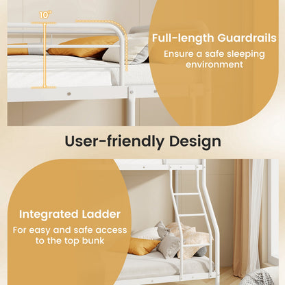 Sturdy Twin Over Full Metal Bunk Bed with Ladder, Safety Guardrails, and Under Bed Storage - White