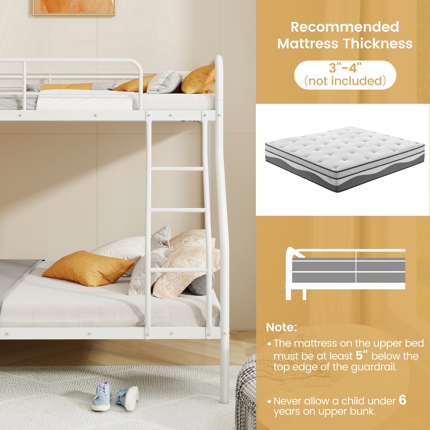 Sturdy Twin Over Full Metal Bunk Bed with Ladder, Safety Guardrails, and Under Bed Storage - White