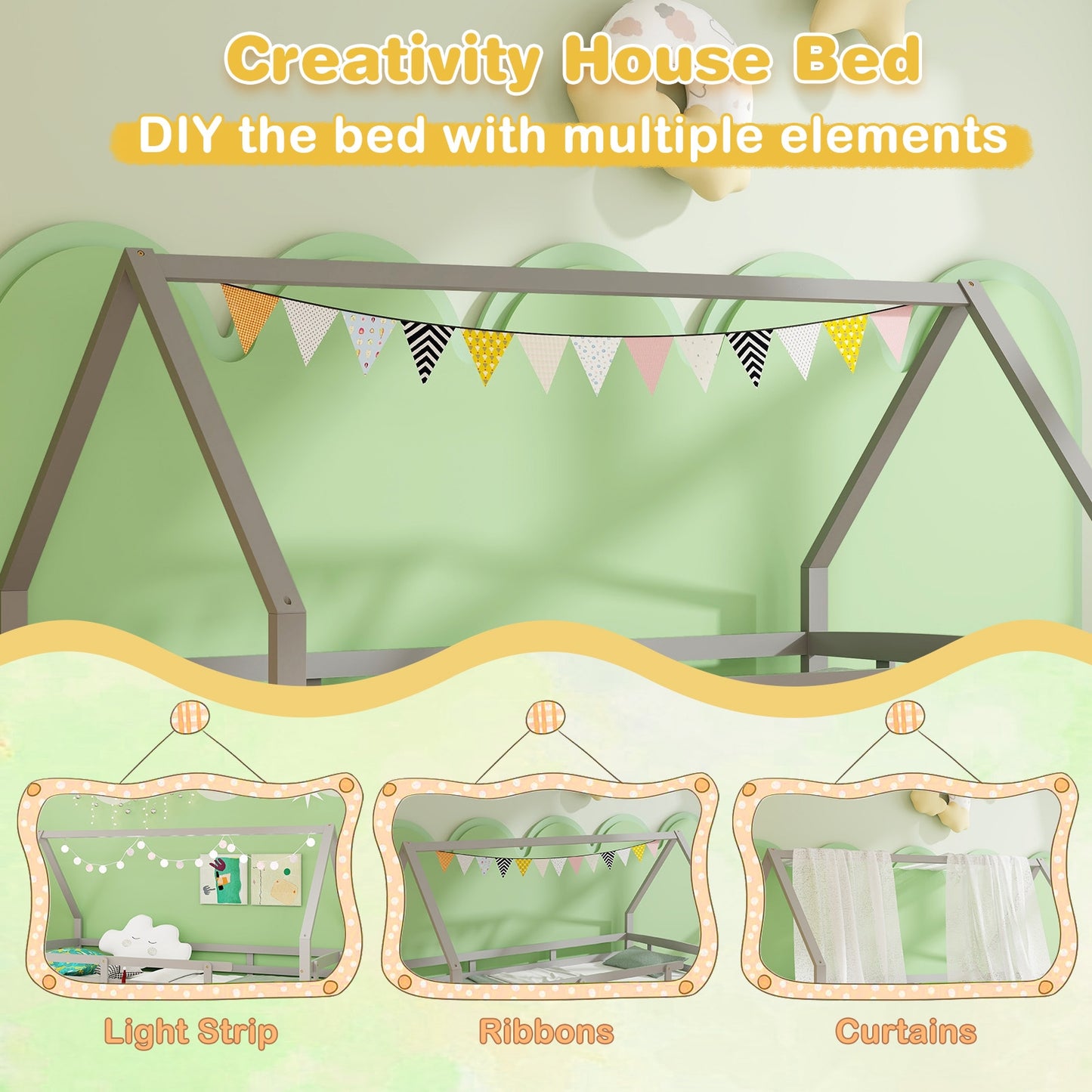 Kids Twin House Bed with Pull-Out Trundle and Safety Fence Rails – Grey