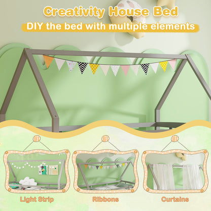 Kids Twin House Bed with Pull-Out Trundle and Safety Fence Rails – Grey