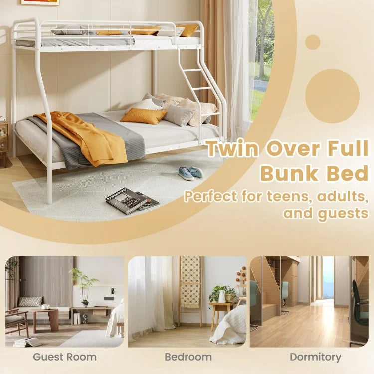 Sturdy Twin Over Full Metal Bunk Bed with Ladder, Safety Guardrails, and Under Bed Storage - White