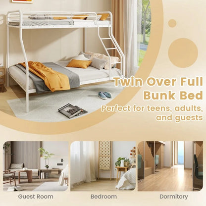 Sturdy Twin Over Full Metal Bunk Bed with Ladder, Safety Guardrails, and Under Bed Storage - White