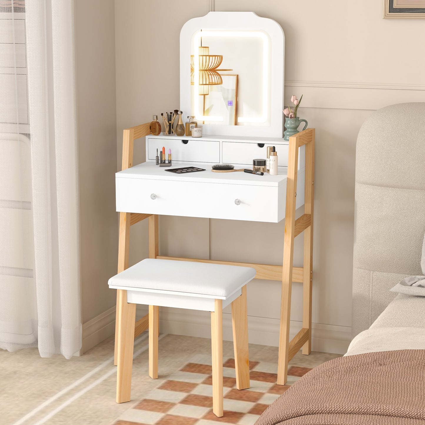 Dressing Table Set with Adjustable Height, 3-Color LED Lighted Mirror & Storage Drawers