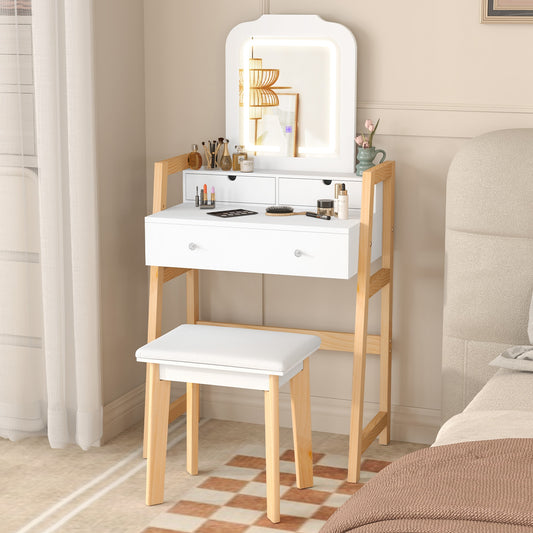 Dressing Table Set with Adjustable Height, 3-Color LED Lighted Mirror & Storage Drawers