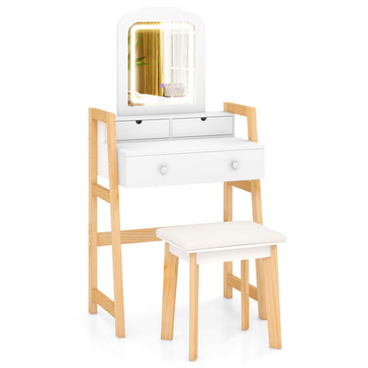 Dressing Table Set with Adjustable Height, 3-Color LED Lighted Mirror & Storage Drawers