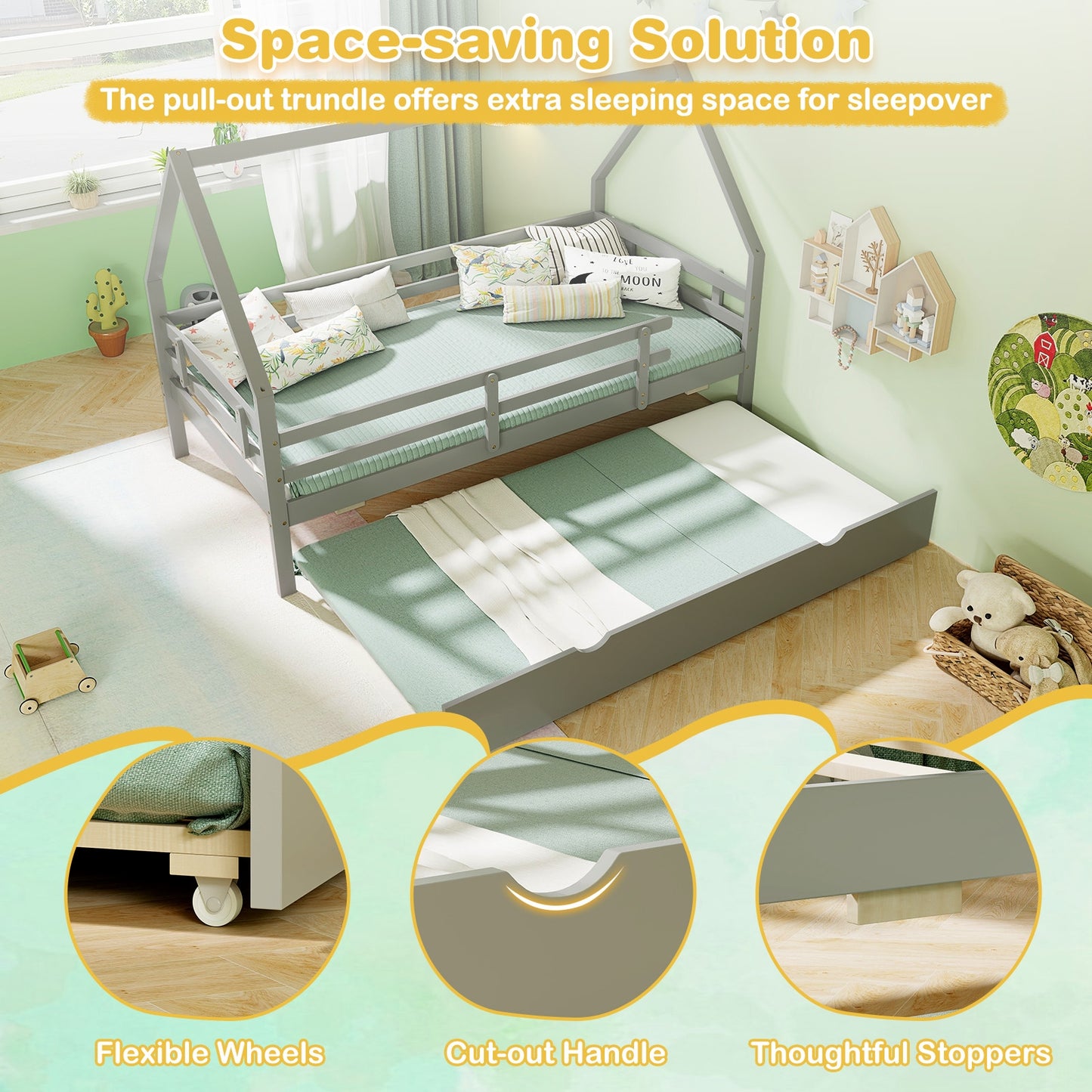 Kids Twin House Bed with Pull-Out Trundle and Safety Fence Rails – Grey