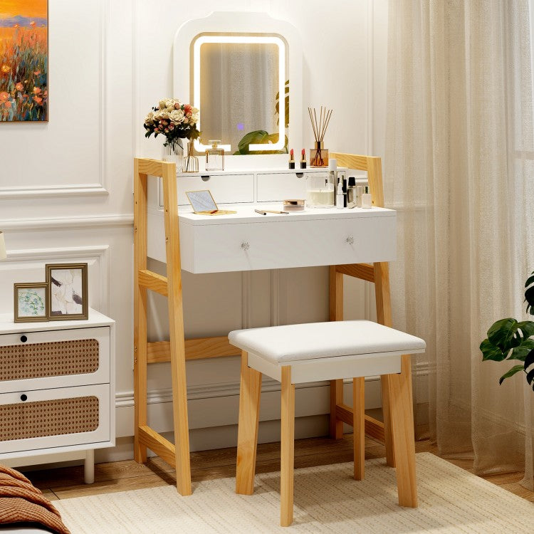 Dressing Table Set with Adjustable Height, 3-Color LED Lighted Mirror & Storage Drawers