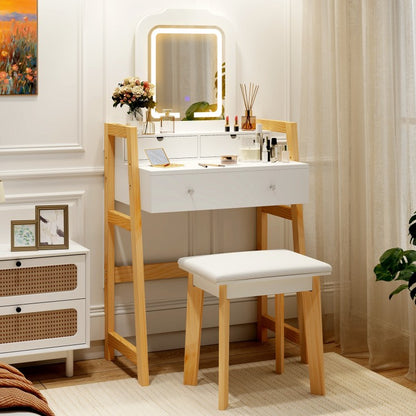 Dressing Table Set with Adjustable Height, 3-Color LED Lighted Mirror & Storage Drawers