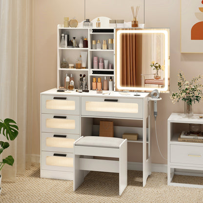 Dressing Vanity Desk with 3-Color LED Mirror, Built-In Charging Station & Storage
