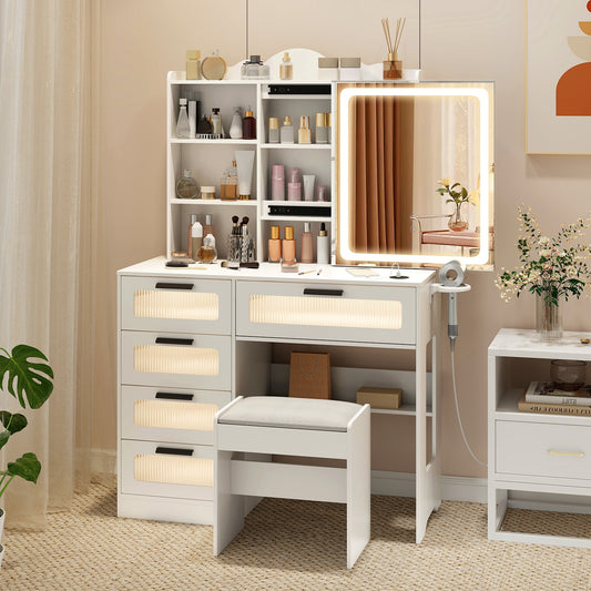 Dressing Vanity Desk with 3-Color LED Mirror, Built-In Charging Station & Storage