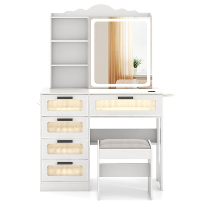 Dressing Vanity Desk with 3-Color LED Mirror, Built-In Charging Station & Storage