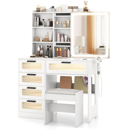 Dressing Vanity Desk with 3-Color LED Mirror, Built-In Charging Station & Storage