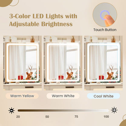 Dressing Vanity Desk with 3-Color LED Mirror, Built-In Charging Station & Storage