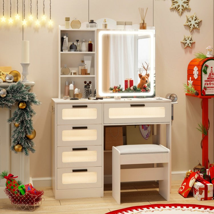 Dressing Vanity Desk with 3-Color LED Mirror, Built-In Charging Station & Storage