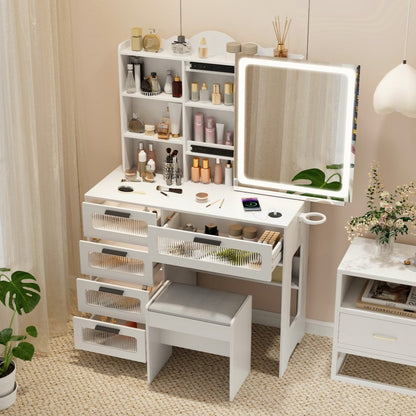 Dressing Vanity Desk with 3-Color LED Mirror, Built-In Charging Station & Storage