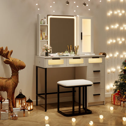 Makeup Vanity Desk with 3-Color Induction LED Mirror, Built-in Charging Station & 6 Storage Drawers