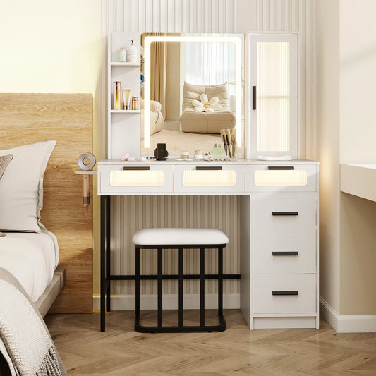 Makeup Vanity Desk with 3-Color Induction LED Mirror, Built-in Charging Station & 6 Storage Drawers