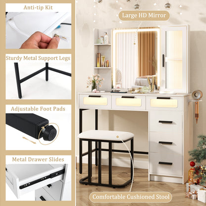 Makeup Vanity Desk with 3-Color Induction LED Mirror, Built-in Charging Station & 6 Storage Drawers