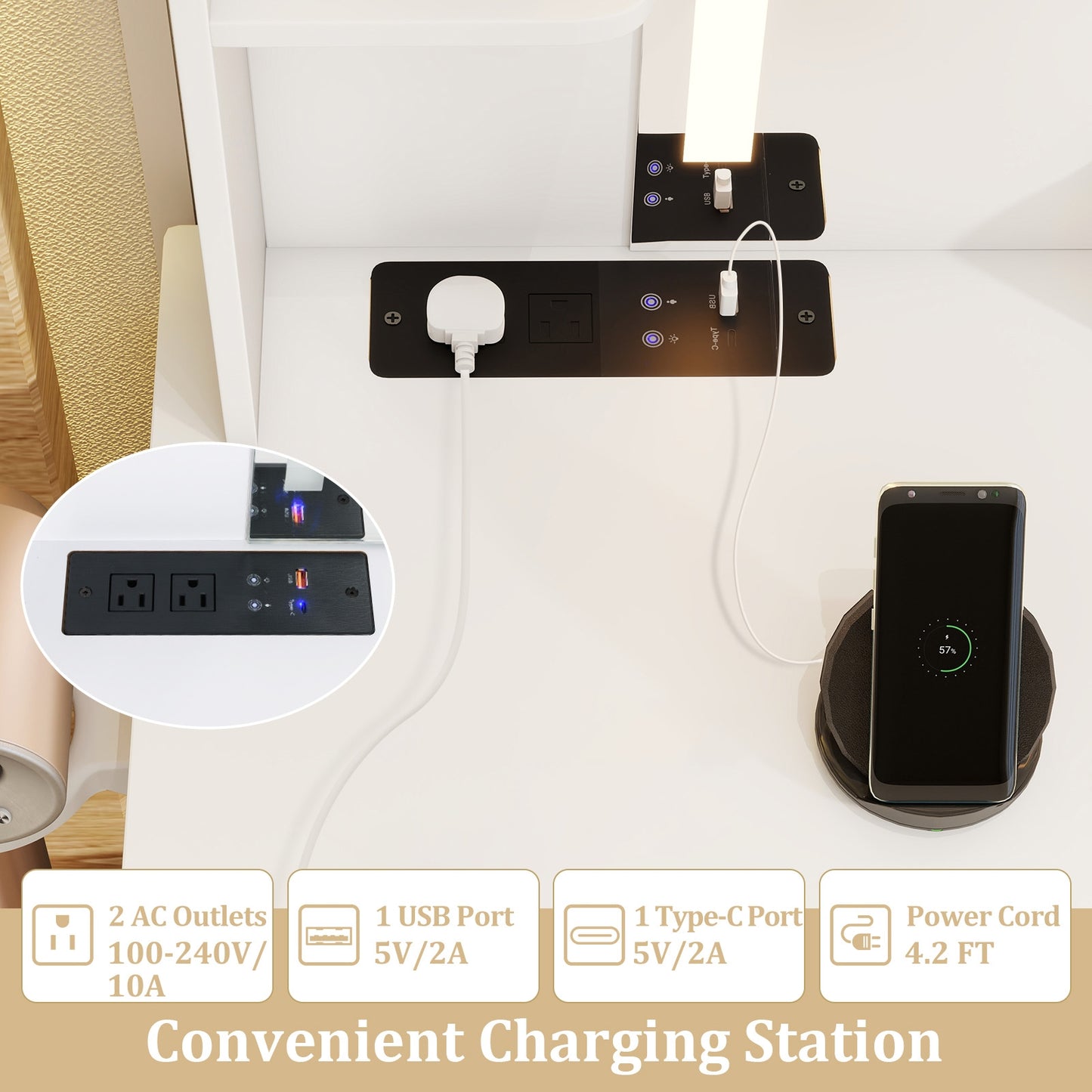 Makeup Vanity Desk with 3-Color Induction LED Mirror, Built-in Charging Station & 6 Storage Drawers