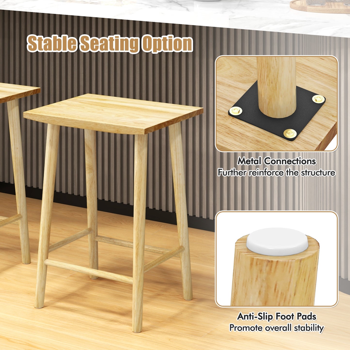 Counter Height Bar Stools with Footrest Set of 2 25.5" Solid Wood Seat