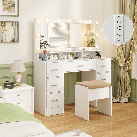 Makeup Vanity Desk with 3-Color LED Mirror, Charging Station & Ample Storage - White