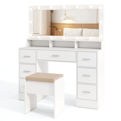 Makeup Vanity Desk with 3-Color LED Mirror, Charging Station & Ample Storage - White