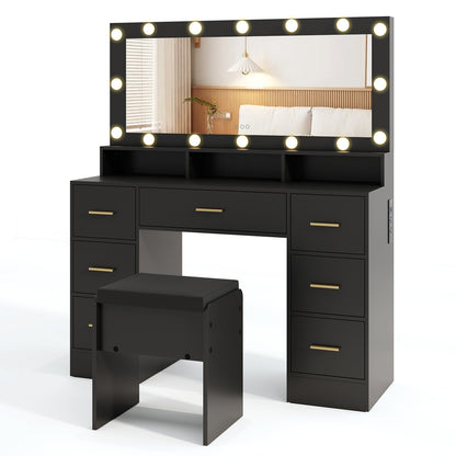 Makeup Vanity Desk with 3-Color LED Mirror, Charging Station & Ample Storage - Black
