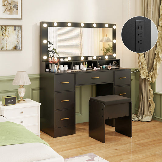 Makeup Vanity Desk with 3-Color LED Mirror, Charging Station & Ample Storage - Black