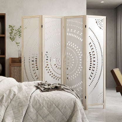 66 Inch Boho 4-Panel Room Divider with Intricate Carved Pattern & Solid Wood Frame