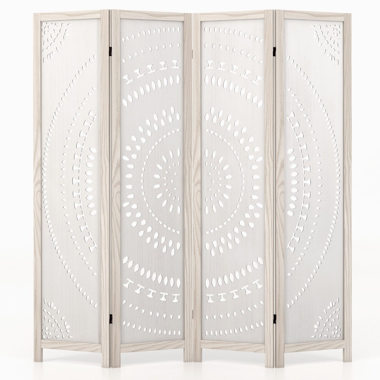 66 Inch Boho 4-Panel Room Divider with Intricate Carved Pattern & Solid Wood Frame