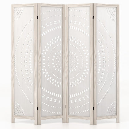 66 Inch Boho 4-Panel Room Divider with Intricate Carved Pattern & Solid Wood Frame