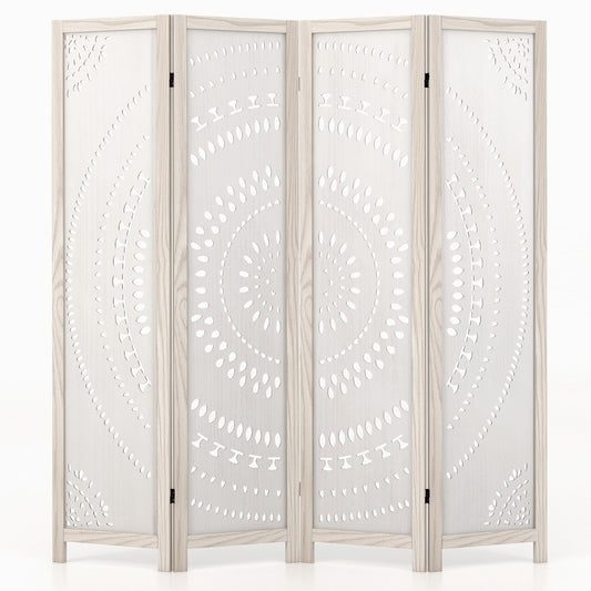 66 Inch Boho 4-Panel Room Divider with Intricate Carved Pattern & Solid Wood Frame