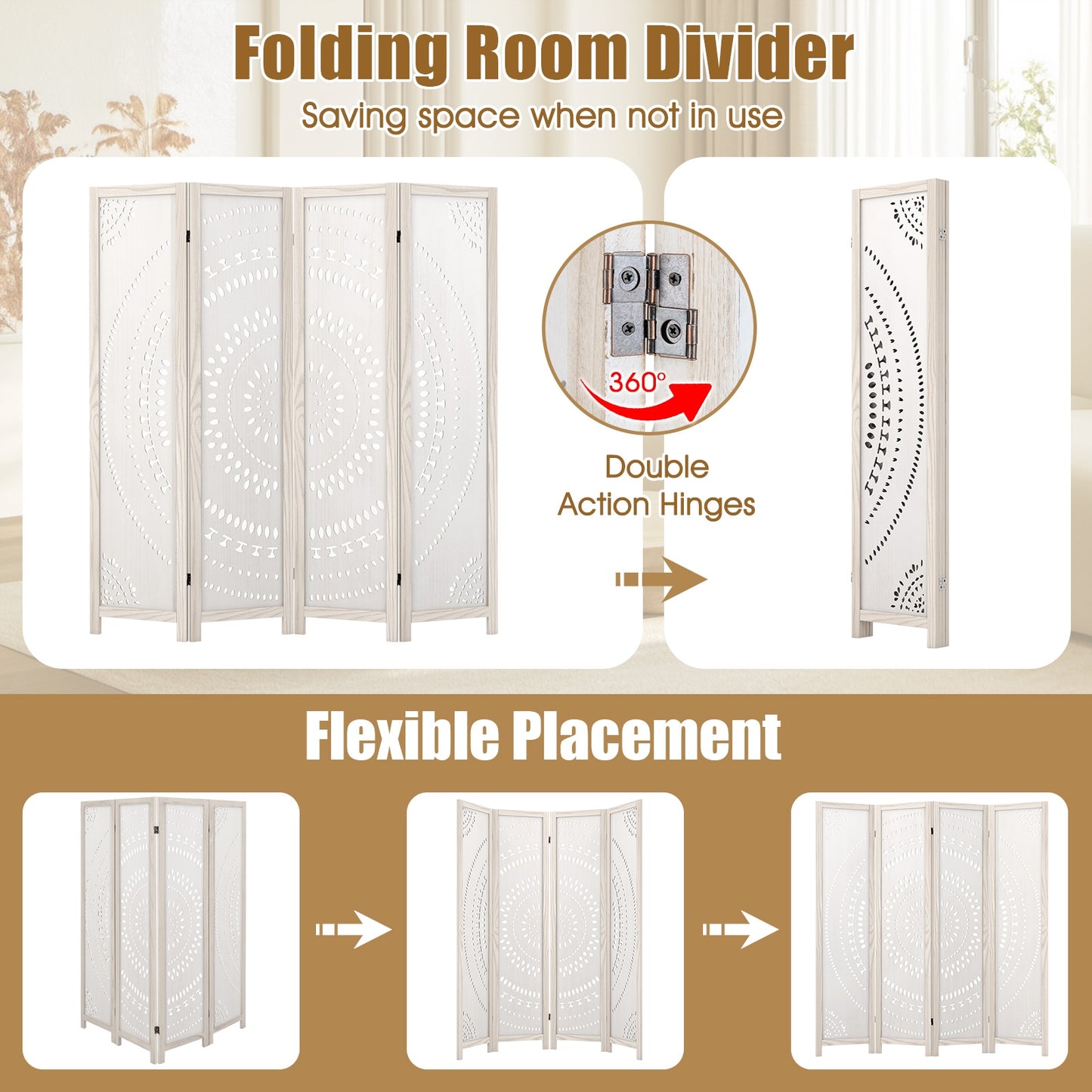 66 Inch Boho 4-Panel Room Divider with Intricate Carved Pattern & Solid Wood Frame