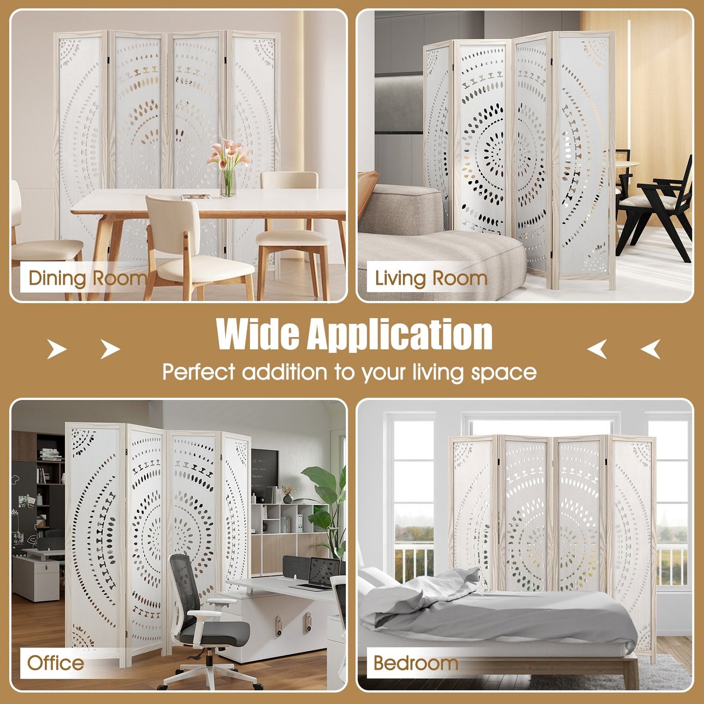 66 Inch Boho 4-Panel Room Divider with Intricate Carved Pattern & Solid Wood Frame