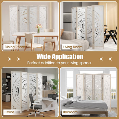 66 Inch Boho 4-Panel Room Divider with Intricate Carved Pattern & Solid Wood Frame