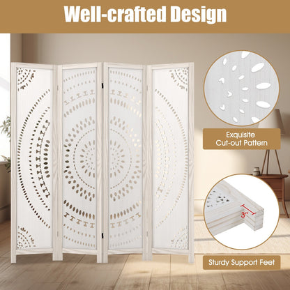 66 Inch Boho 4-Panel Room Divider with Intricate Carved Pattern & Solid Wood Frame
