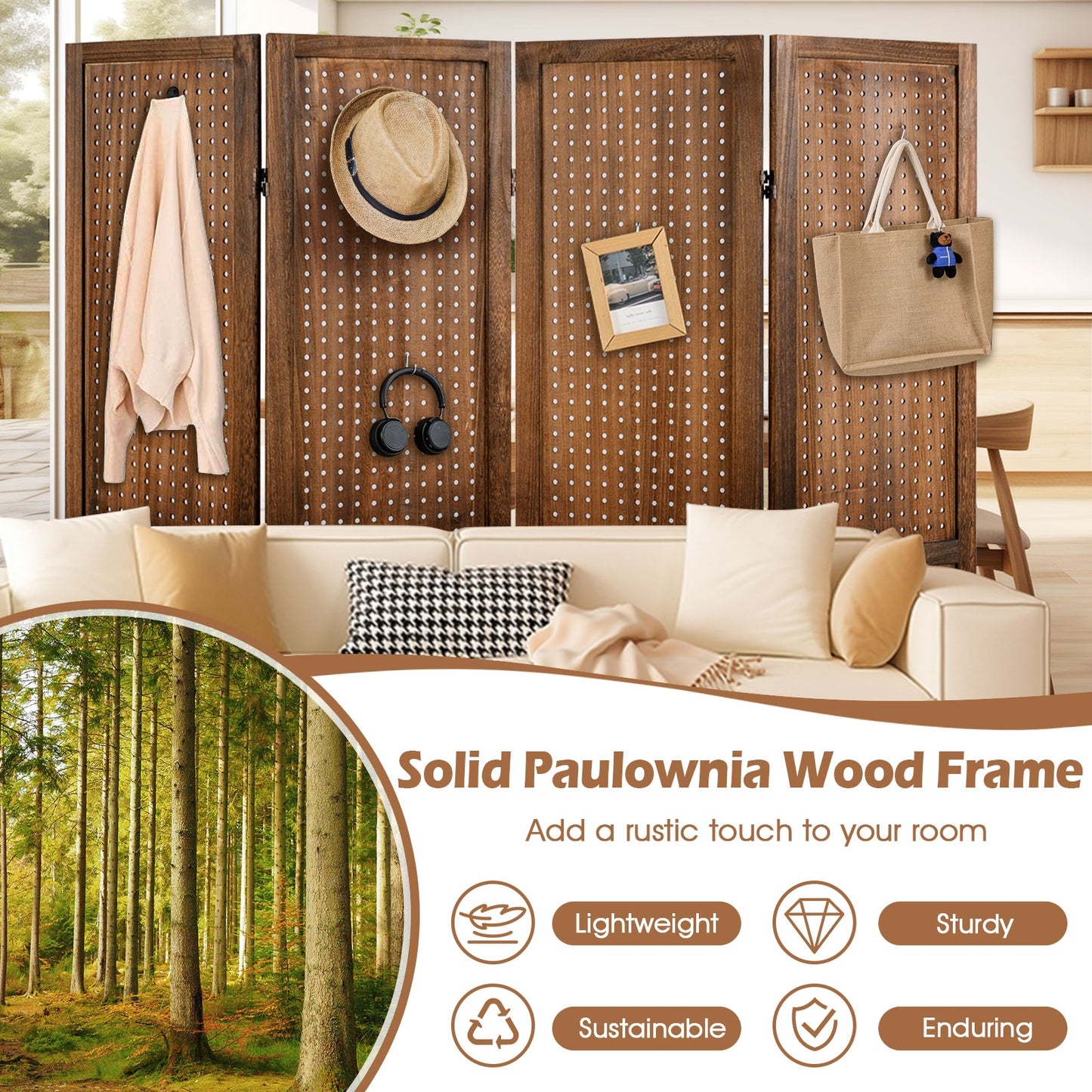 Multi-Functional Pegboard Display Divider with 360° Hinges and Solid Wood Frame - 4 Panel
