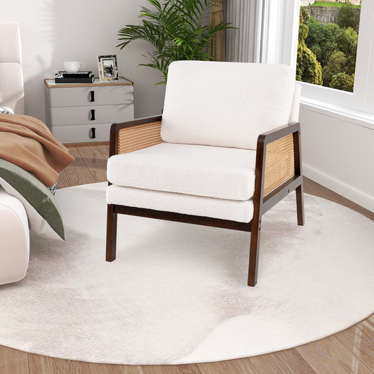 Modern Accent Chair with PE Rattan Armrests and Plush Sherpa Cushion in Brown Wood