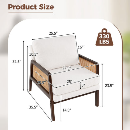 Modern Accent Chair with PE Rattan Armrests and Plush Sherpa Cushion in Brown Wood