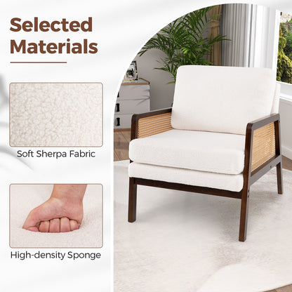 Modern Accent Chair with PE Rattan Armrests and Plush Sherpa Cushion in Brown Wood