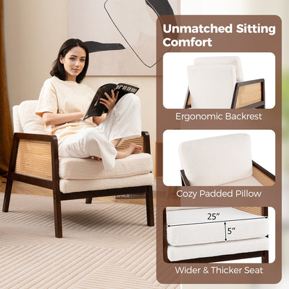 Modern Accent Chair with PE Rattan Armrests and Plush Sherpa Cushion in Brown Wood