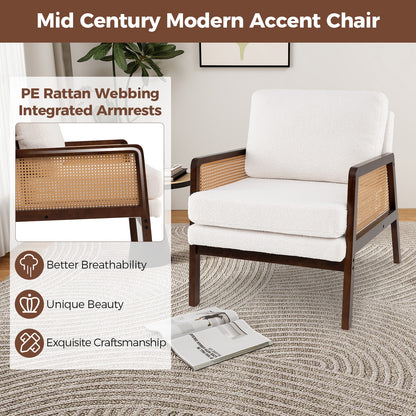 Modern Accent Chair with PE Rattan Armrests and Plush Sherpa Cushion in Brown Wood