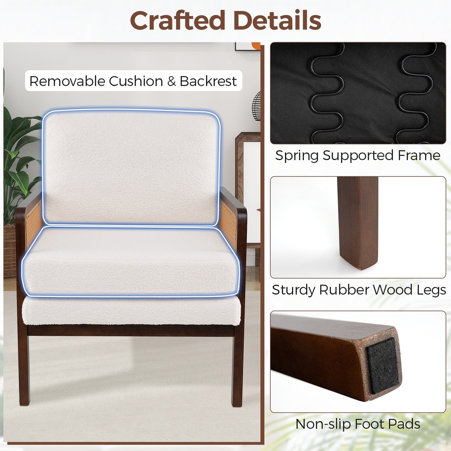 Modern Accent Chair with PE Rattan Armrests and Plush Sherpa Cushion in Brown Wood