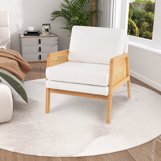 Modern Accent Chair with PE Rattan Armrests and Plush Sherpa Cushion in Natural Wood