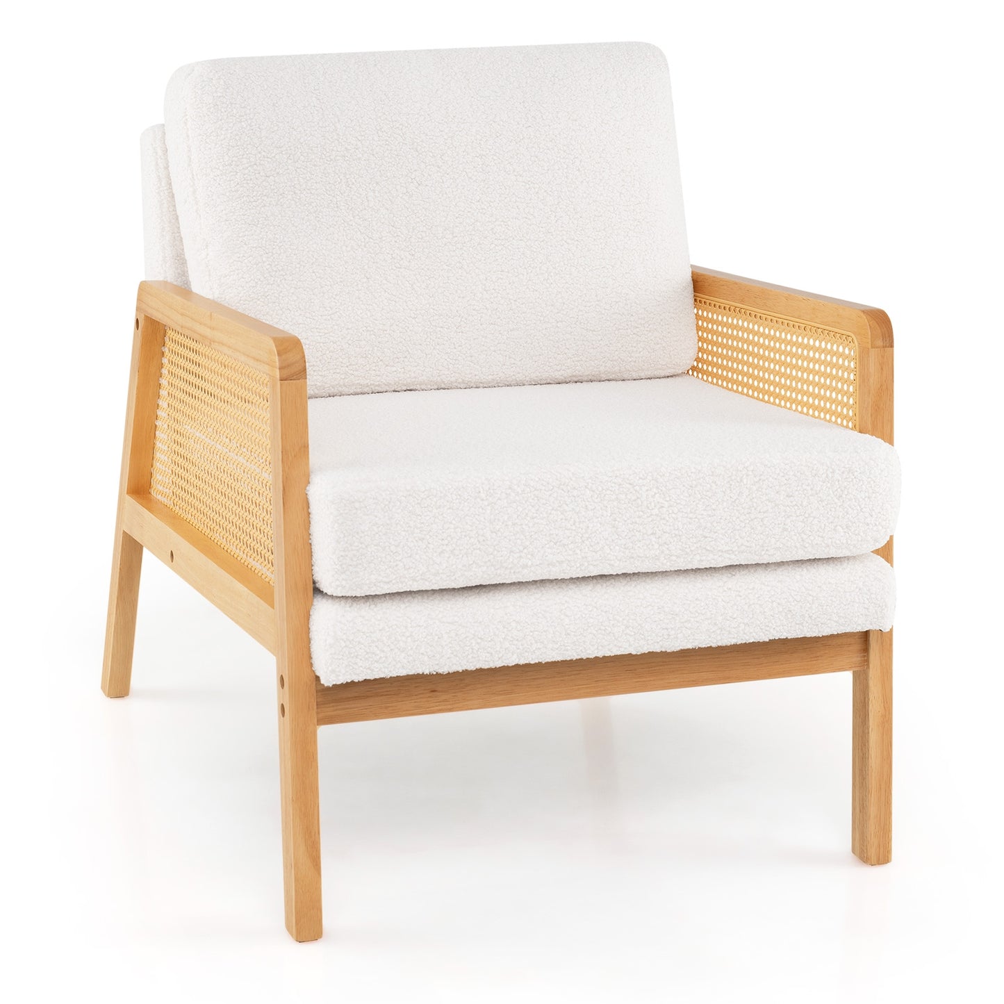 Modern Accent Chair with PE Rattan Armrests and Plush Sherpa Cushion in Natural Wood