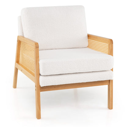 Modern Accent Chair with PE Rattan Armrests and Plush Sherpa Cushion in Natural Wood