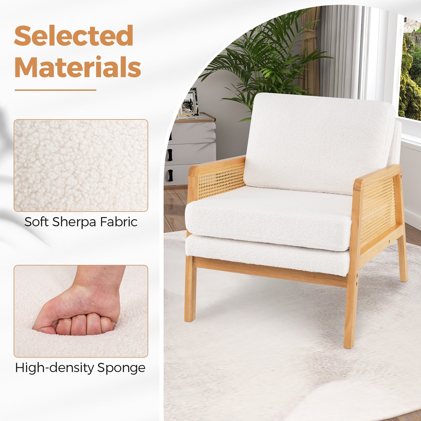 Modern Accent Chair with PE Rattan Armrests and Plush Sherpa Cushion in Natural Wood
