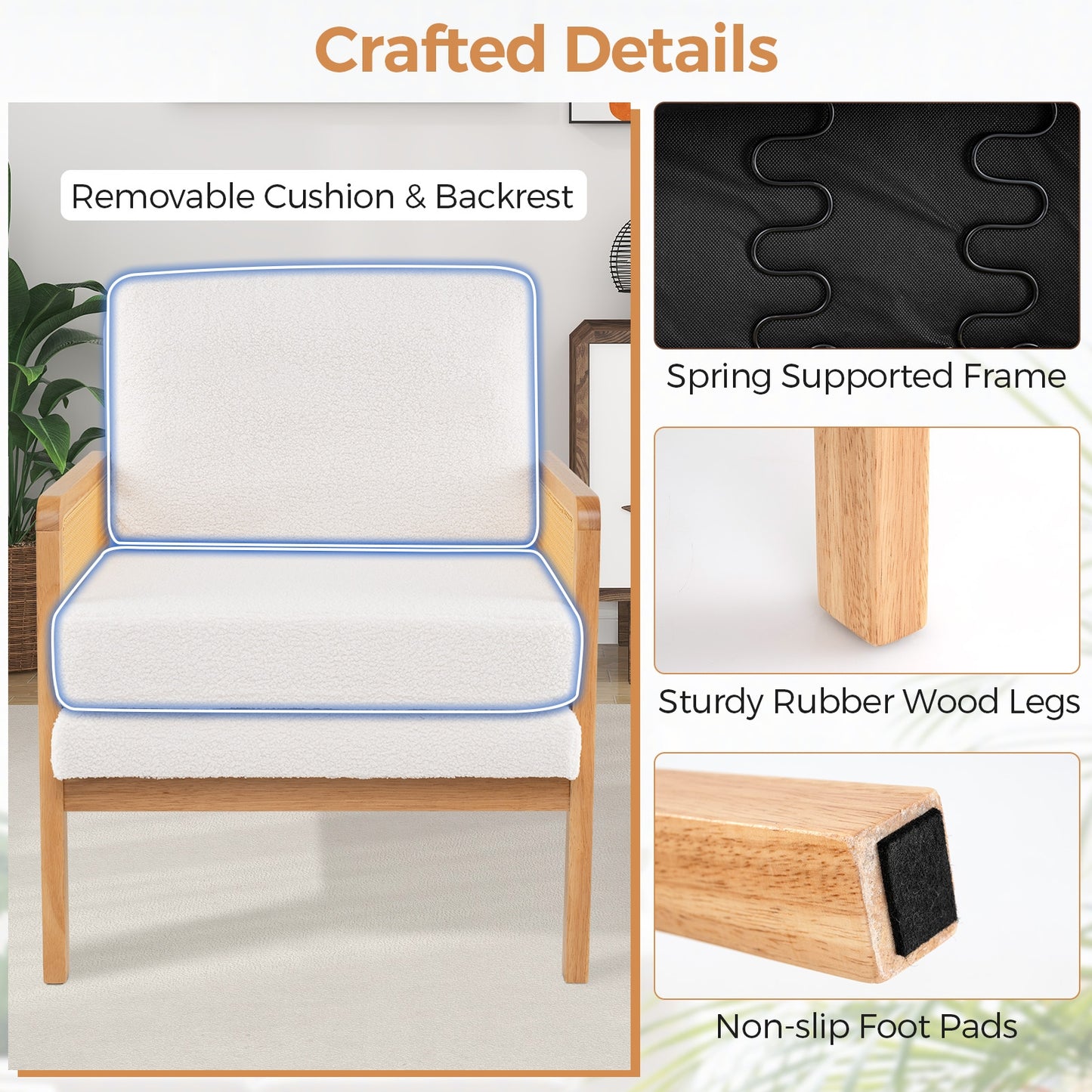 Modern Accent Chair with PE Rattan Armrests and Plush Sherpa Cushion in Natural Wood