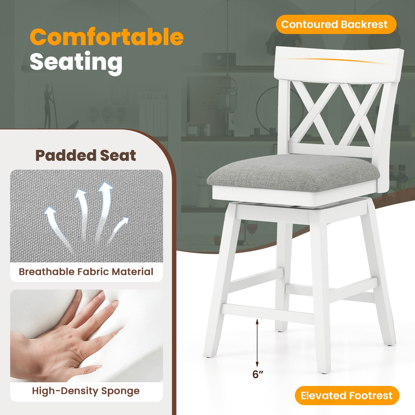 Swivel Bar Stool with Padded Seat and Ergonomic Backrest for Kitchen or Dining Space White 26 Inch